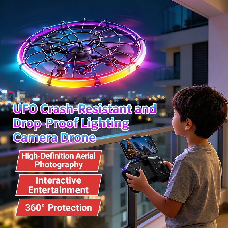 Drone Z - JJRC H145 UFO RCドローン、デュアルHDレンズ、RGBフローライト、フルボディプロテクション、空撮クアッドコプター玩具